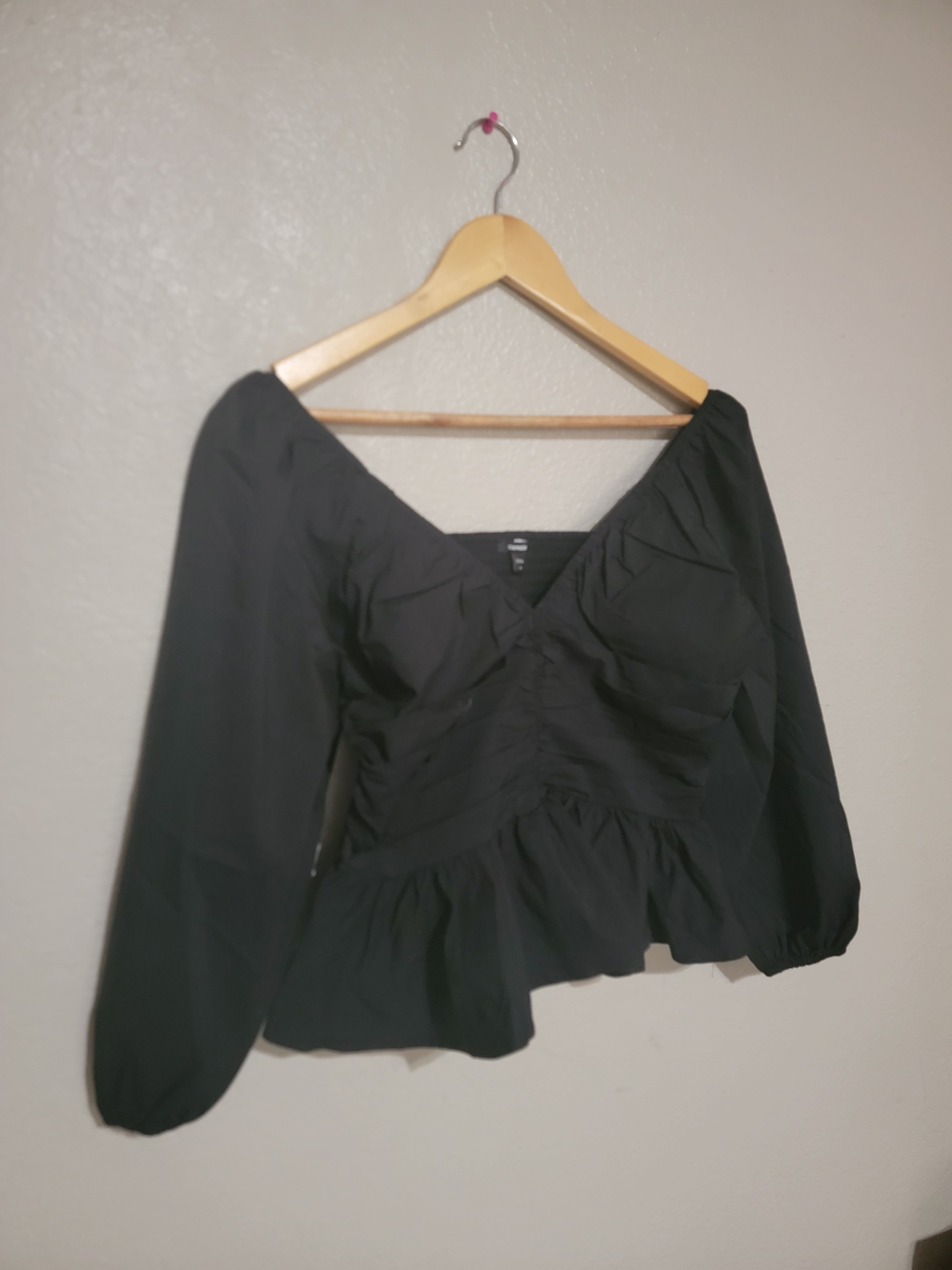 Express Black V-Neck Peplum Blouse with Long Sleeves